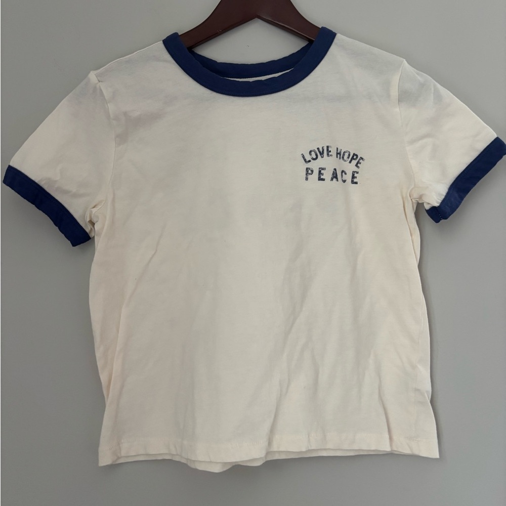 Arizona Jean Co, Juniors M LoveHopePeace Short Sleeve Tee, Ivory, Blue Detail